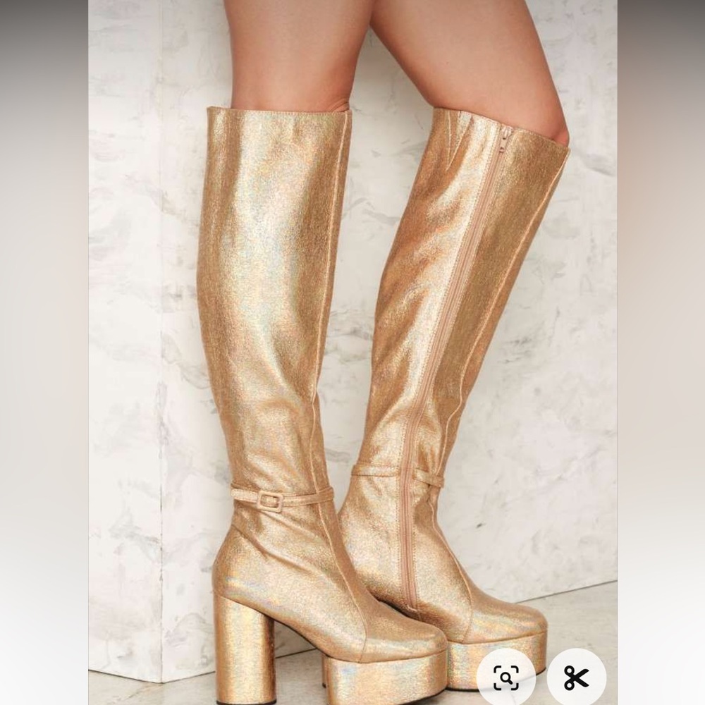 Jeffrey Campbell Ricochet Gold Crinkle Platform Disco Boots
